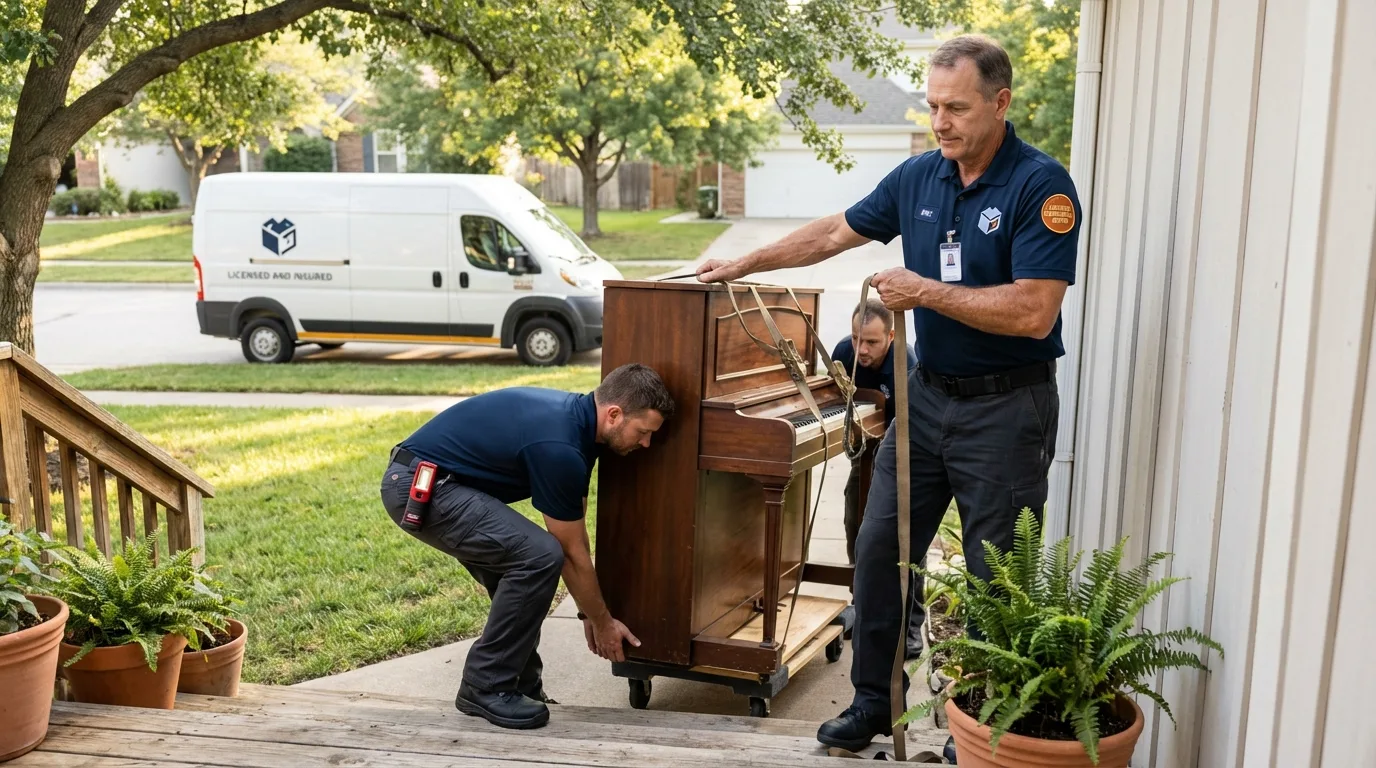 Licensed piano movers securing grand piano in Dearborn, MI