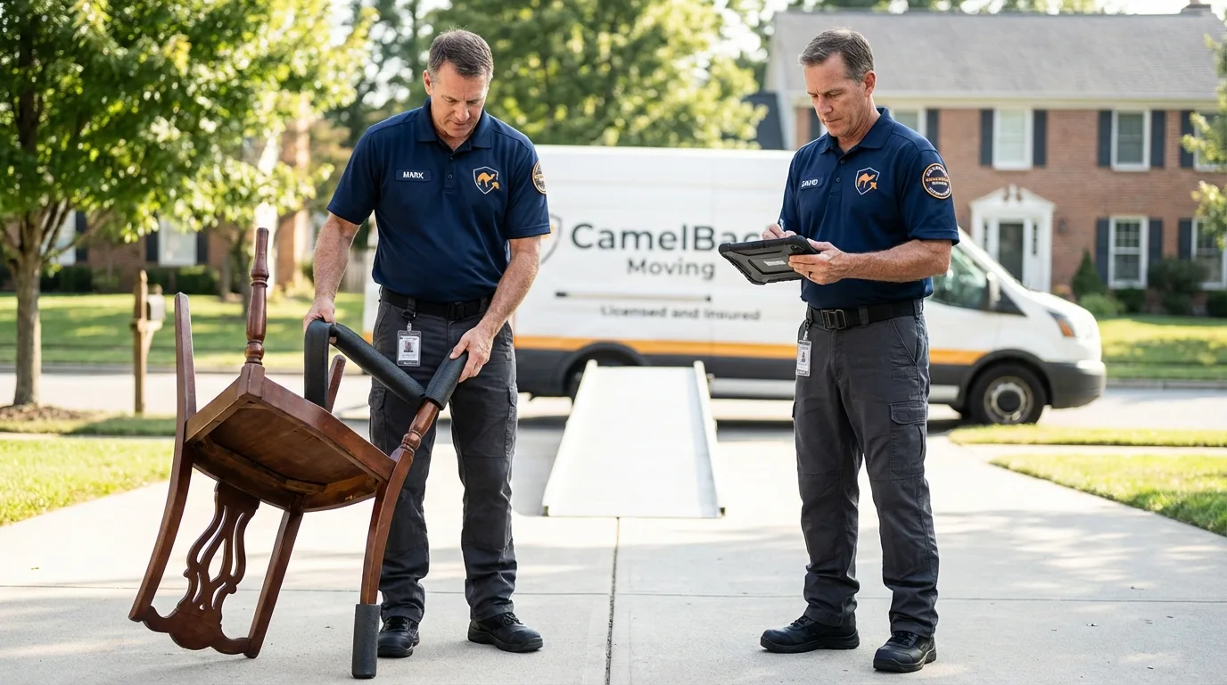 Movers inspecting furniture for damage prevention before loading in Dearborn, MI