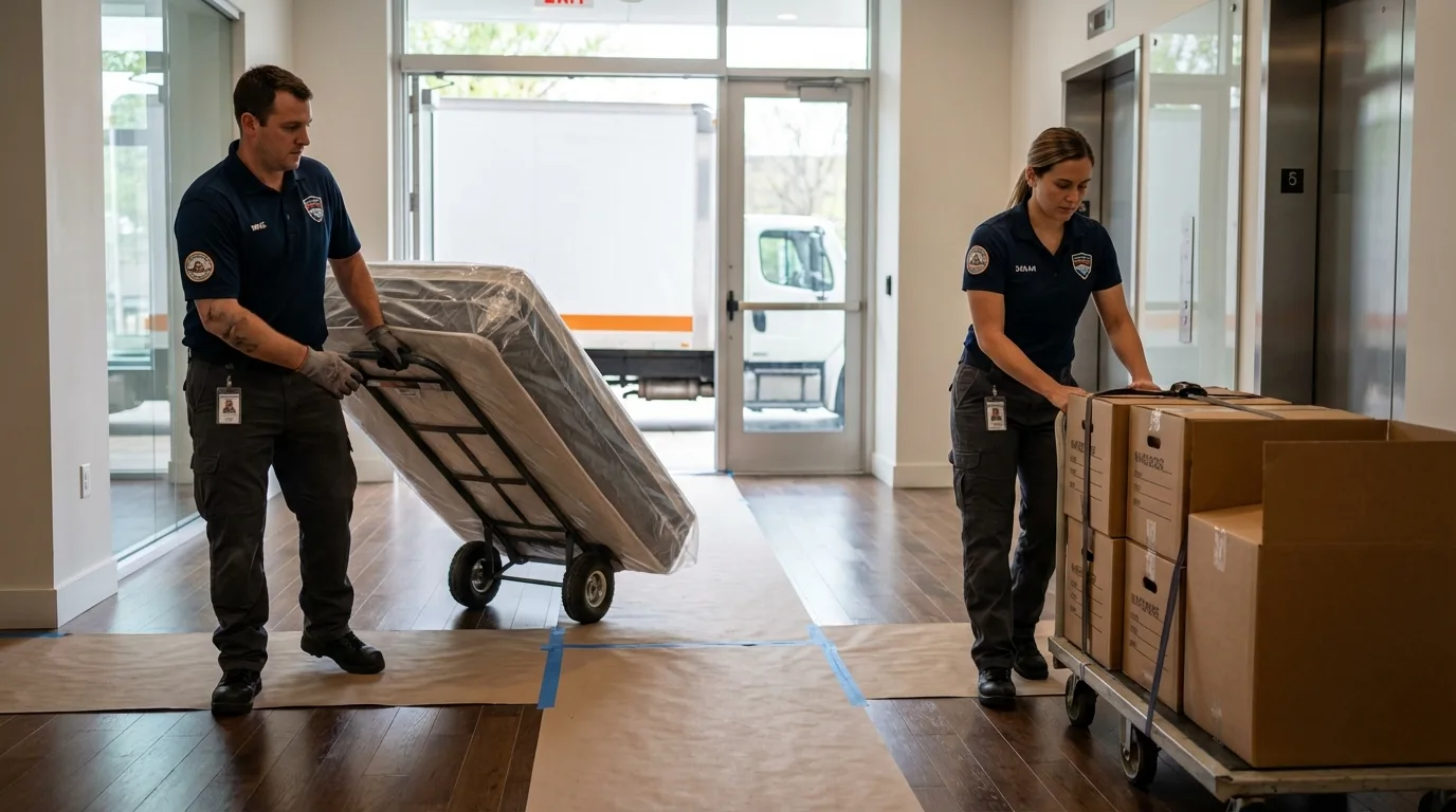 Professional apartment movers loading elevator in Dearborn, MI